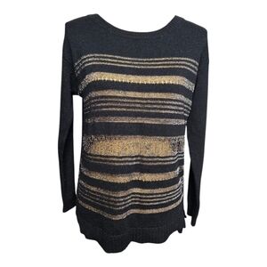 Rock & Republic Long Sleeve Pullover Sweater Sz M Black Silver Shimmer Stripes